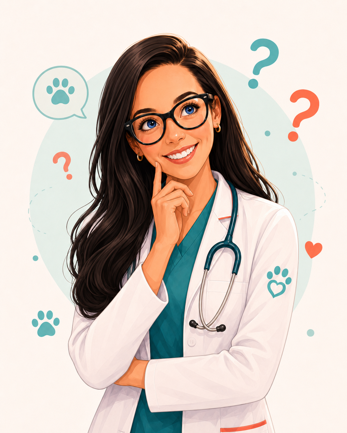 Ilustração da Dra. Cristiane pensativa com dúvidas frequentes de tutores